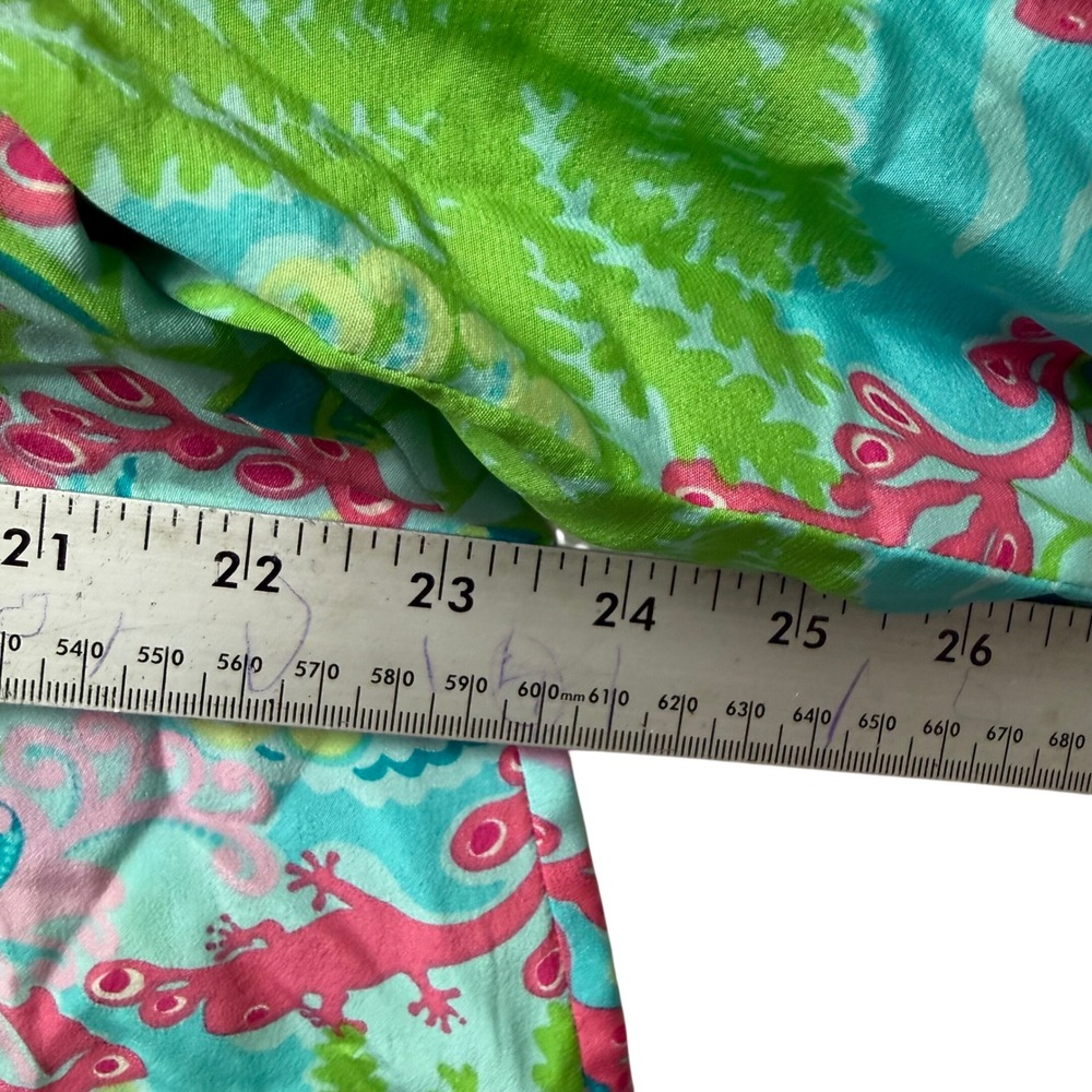 Lilly Pulitzer Silk Blouse Pink Green Tropical Smocked Neck Top Size 14 - Picture 7 of 9